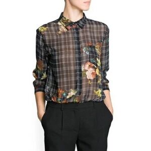 MNG Collection Black Dark Floral Academia Floral Sheer Long Sleeve Blouse Top